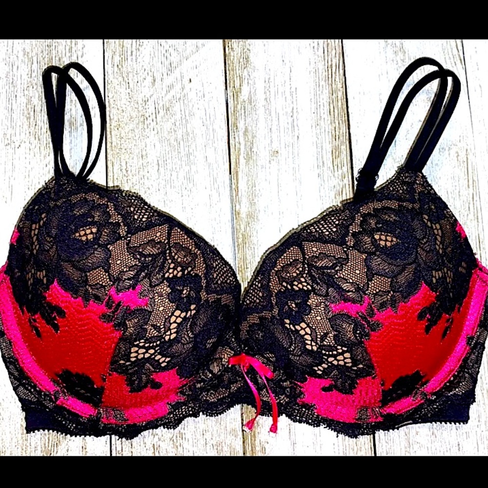 Victoria's Secret Black Lace Overlay Red Pink Padded Bra